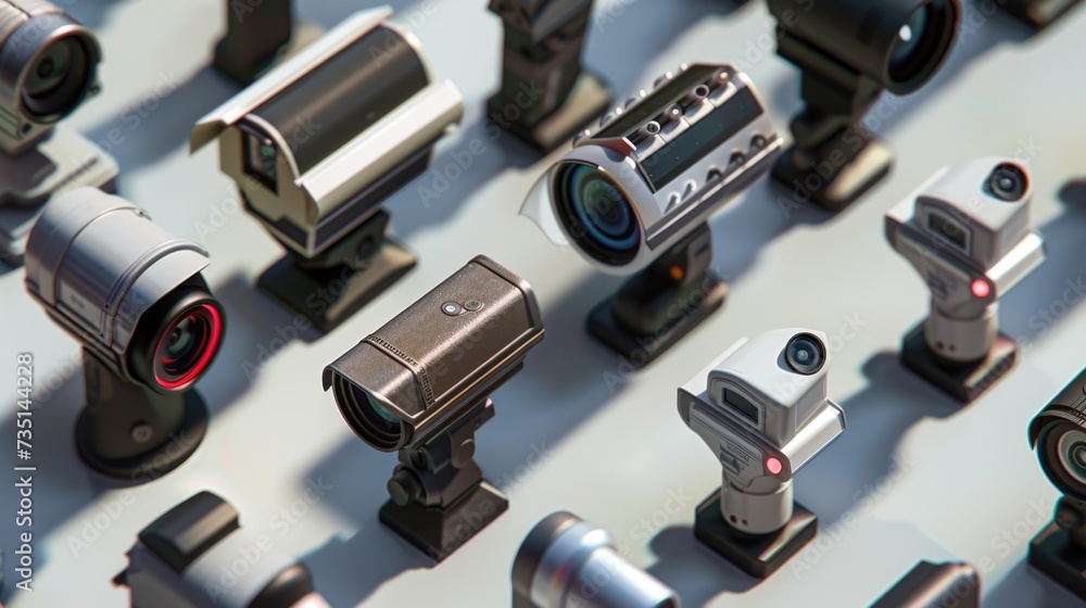 A collection of cameras neatly arranged on a table. Perfect for photography enthusiasts and camera-related projects