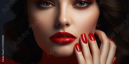 A close-up shot of a woman wearing vibrant red lipstick. Perfect for beauty and makeup-related projects