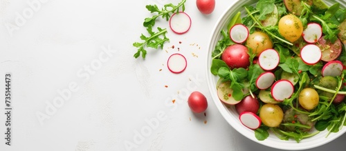 Summer potato and pea salad with arugula and radish in a white bowl top view Vegan recipe. Creative Banner. Copyspace image