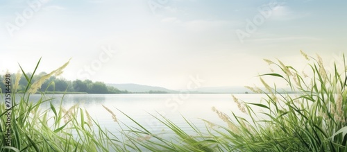 View through green reeds onto a calm lake the water horizon disappears in the haze environment concept natural landscape copy space selected focus narrow depth of field. Creative Banner © HN Works