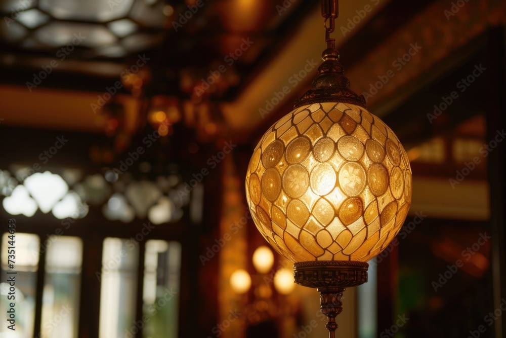 Obraz premium A simple and elegant ceiling light fixture hanging from the ceiling in a room. This image can be used to showcase interior design, home decor, or lighting concepts