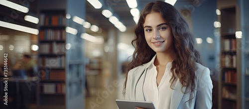 Smiling student using a tablet computer in a library. Creative Banner. Copyspace image