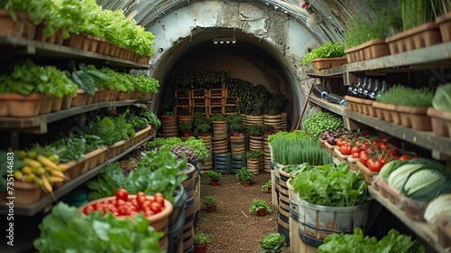 underground cellar with various food supplies for survival and wintering concept: nuclear war, people in a bunker, food, nuclear winter