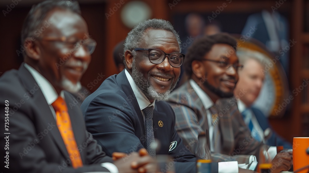 a group of African politicians in business suits sitting at a table at a conference. concept: Business meetings, politics, parliament meeting - obrazy, fototapety, plakaty 