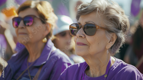 Two older women dressed in a purple t-shirt at a Women's Day demonstration