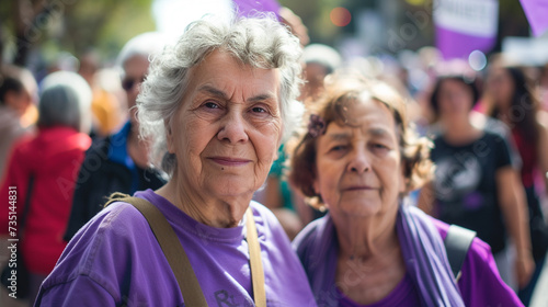 Two older women dressed in a purple t-shirt at a Women's Day demonstration