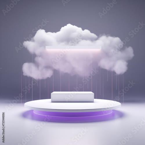 Purple podium with a cloud in the background.