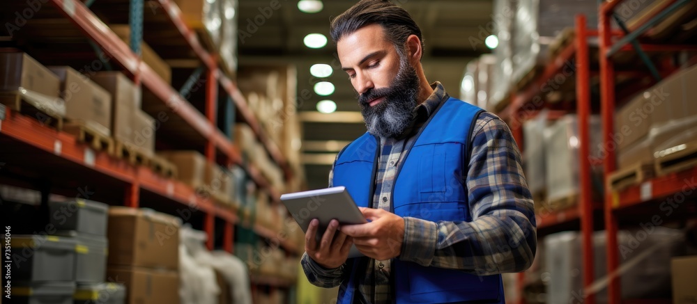 Young worried hardworking tattooed bearded blue collar worker in overalls sitting on the chair in storage of import and export firm holding tablet and touching his head Is delivery on time