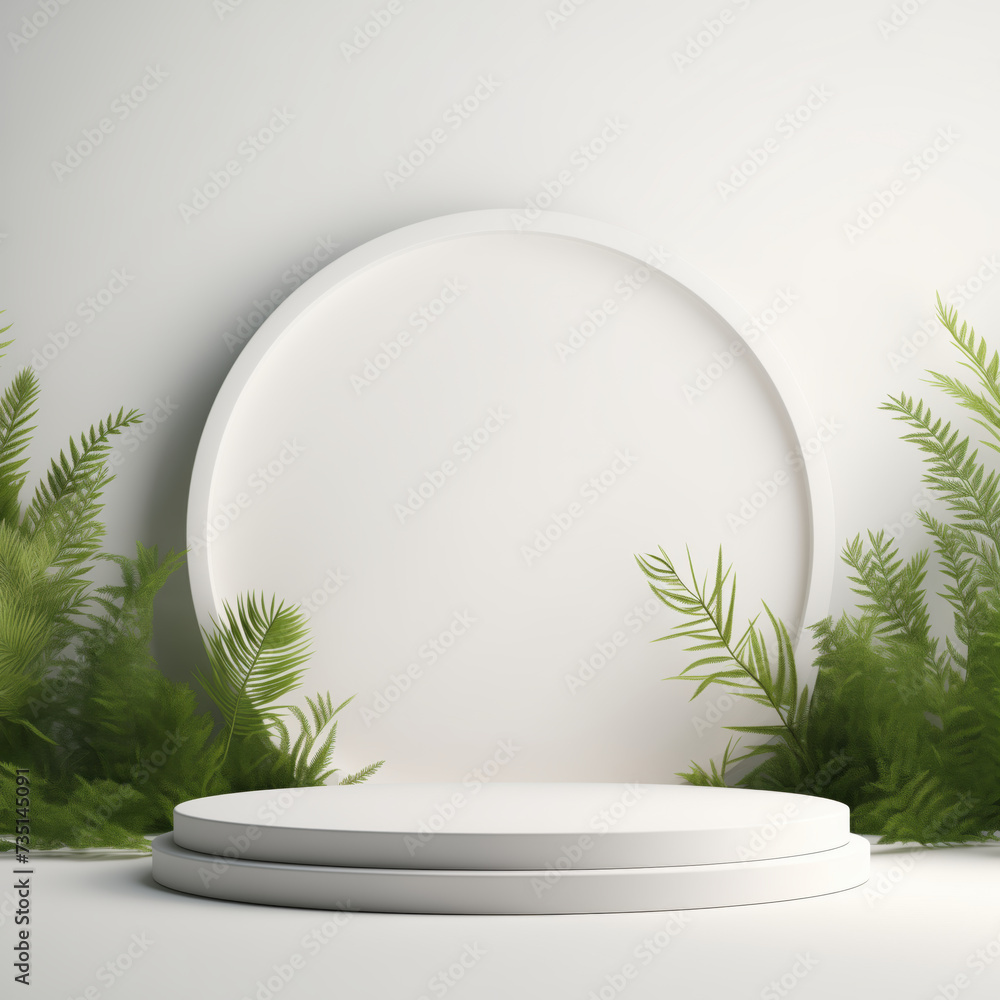 White podium and minimal for product presentation with evergreen forest leaves.