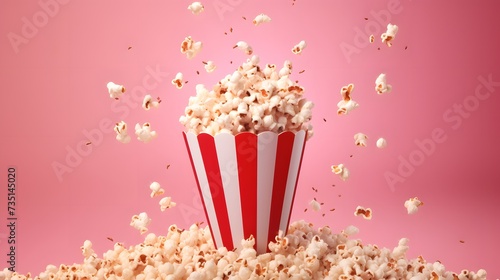 popcorn in a paper bag flying around on pink background. Cinema and movie theater concept. photo