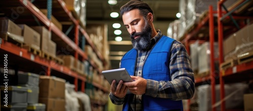 Young worried hardworking tattooed bearded blue collar worker in overalls sitting on the chair in storage of import and export firm holding tablet and touching his head Is delivery on time