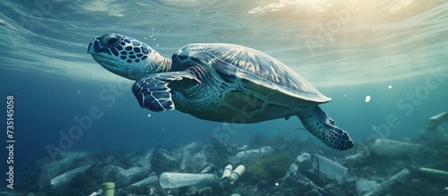 Sea turtle swimming in ocean invaded by plastic bottles Pollution in oceans concept. Creative Banner. Copyspace image
