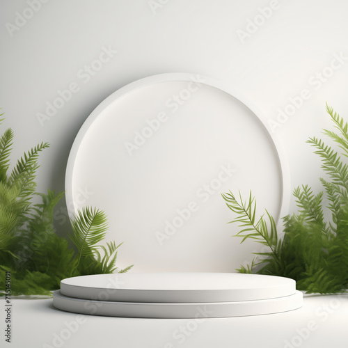 White podium and minimal for product presentation with evergreen forest leaves.