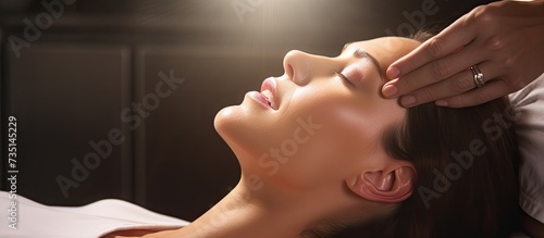 Osteopathic therapist doing treatment to Caucasian woman with jaw problem mandibular alignment Treatment to relieve pain and improve the patient s health conditions. Creative Banner. Copyspace image