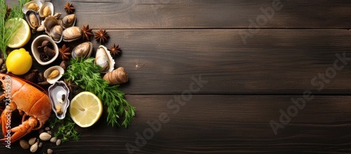 Mussels in shells squid in a bowl octopus shrimps with lemon thyme and onions in a plate standing on a white wooden table with shells and stones. Creative Banner. Copyspace image