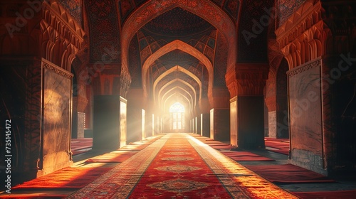 Islamic background with magnificent mosque , creative photograph angles, Interior of Mosque, Concept of Ramadan Kareem, Generative Ai photo