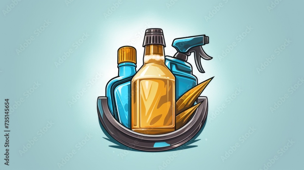 A bottle of cleaner and a spray bottle on a blue background. Suitable for cleaning and household product concepts - obrazy, fototapety, plakaty 