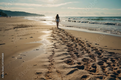 Woman walking on a big sandy beach in sunset in summer. AI generated.