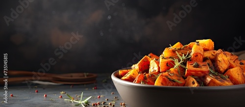 Serving oven roasted sweet potatoes in a white ceramic bowl. Creative Banner. Copyspace image photo