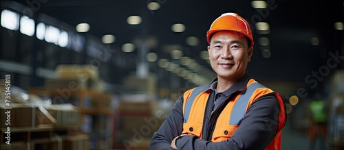 Warehouse Worker Standing and Smiling with arms crossed in Logistic center Asian worker wearing hard hat and safety vests working about shipment in storehouse Working in Distribution Center