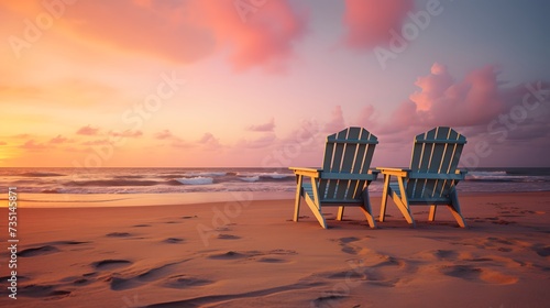 Two empty beach chairs on beach at sunset. 