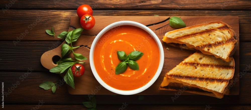 Top down view of a homemade grilled cheese sandwich on a wooden board served with tomato soup. Creative Banner. Copyspace image Top down view of a homemade grilled cheese sandwich on a wooden board served with tomato soup. Creative Banner. Copyspace image