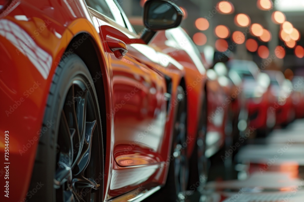 A row of red sports cars displayed in a showroom. Perfect for showcasing luxury vehicles or car dealership promotions