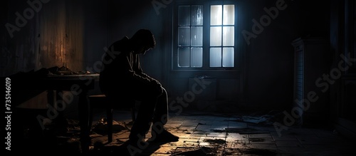 Silhouette of man in window of his room Sad emotions cry disappointed Light and darkness. Creative Banner. Copyspace image © HN Works