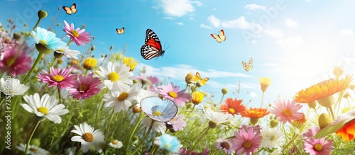 The purple and blue flowers are blooming beautifully the butterflies are floating on the flowers it looks very beautiful full of green nature around the open sky is shining and the sun is aroun