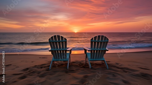 Two empty beach chairs on beach at sunset.  © Ziyan
