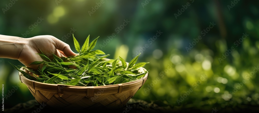 The model s hand holds a flat winnowing basket bamboo on which are freshly picked green tea buds in the background of the green tea garden. Creative Banner. Copyspace image - obrazy, fototapety, plakaty 