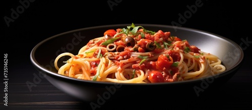 Pasta Alla Puttanesca with garlic olives capers tomato and anchois fish. Creative Banner. Copyspace image