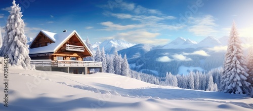 Vacation mountain log house in the ski or golf resort Winter wonderland. Creative Banner. Copyspace image