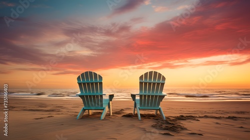 Two empty beach chairs on beach at sunset. 