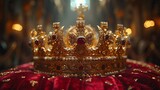 the king's golden crown decorated with precious stones of different colors lies on the throne concept: royal family, reign of the king