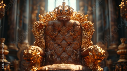 royal throne decorated with gold and precious stones standing in the palace concept: royal seed, king's reign photo