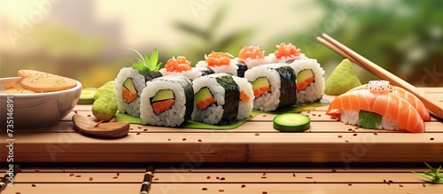 Slicing Fresh Fish and Vegetables to Make Sushi Sliced fish avocado and cucumber on a bamboo cutting board. Creative Banner. Copyspace image