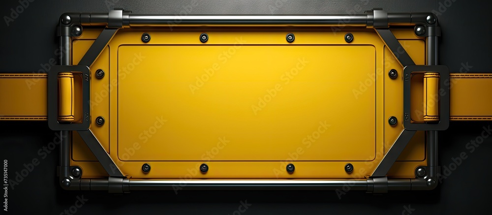 Yellow ratchet straps hold the metal frame. Creative Banner. Copyspace image - obrazy, fototapety, plakaty 