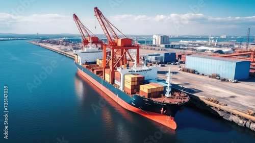 Logistics and transportation of Container Cargo ship and Cargo plane with working crane bridge in shipyard, logistic import export and transport industry background, Aerial view from drone photo