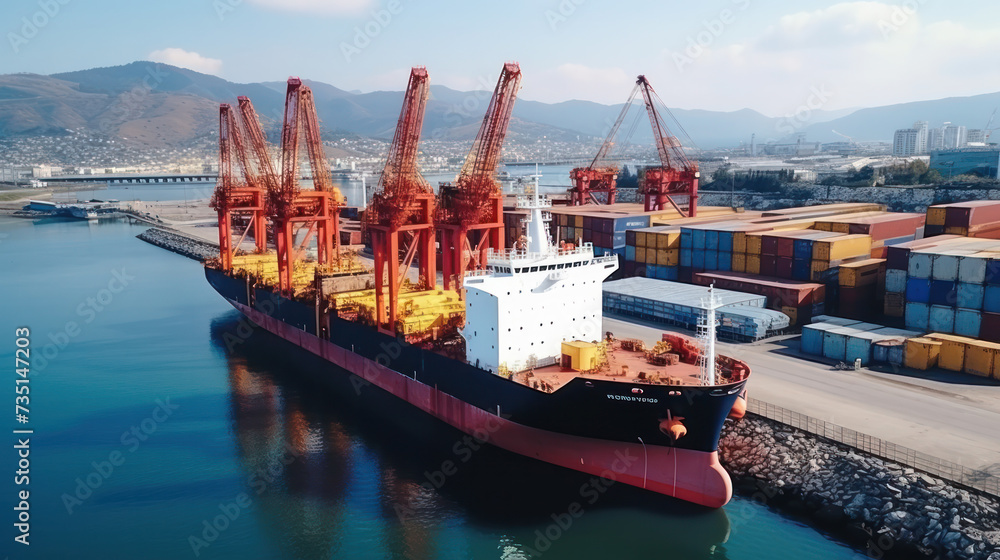Logistics and transportation of Container Cargo ship and Cargo plane with working crane bridge in shipyard, logistic import export and transport industry background, Aerial view from drone