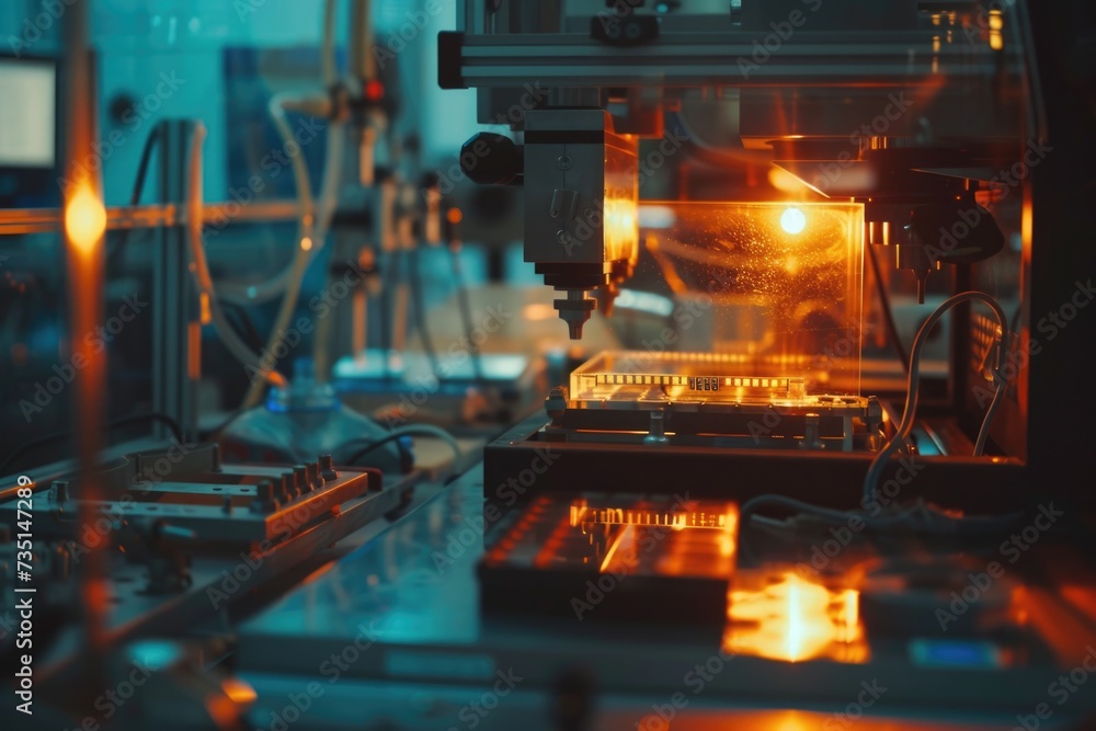 A detailed close-up view of a machine in a factory. This image can be used to depict manufacturing, industrial processes, or automation in the workplace A detailed close-up view of a machine in a factory. This image can be used to depict manufacturing, industrial processes, or automation in the workplace