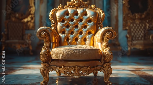royal throne decorated with gold and precious stones standing in the palace concept: royal seed, king's reign photo