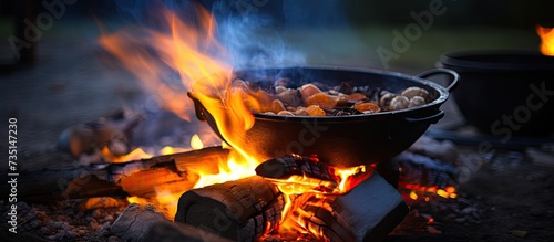 Preparation of a meal on open fire Bonfire and cauldron close up photo with selective focus. Creative Banner. Copyspace image