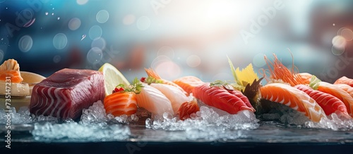 Tuna fish salmon fish raw fish yummy sushi japanese food and crab Beautiful delicious food in market Fresh seafood and fish in Asia. Creative Banner. Copyspace image