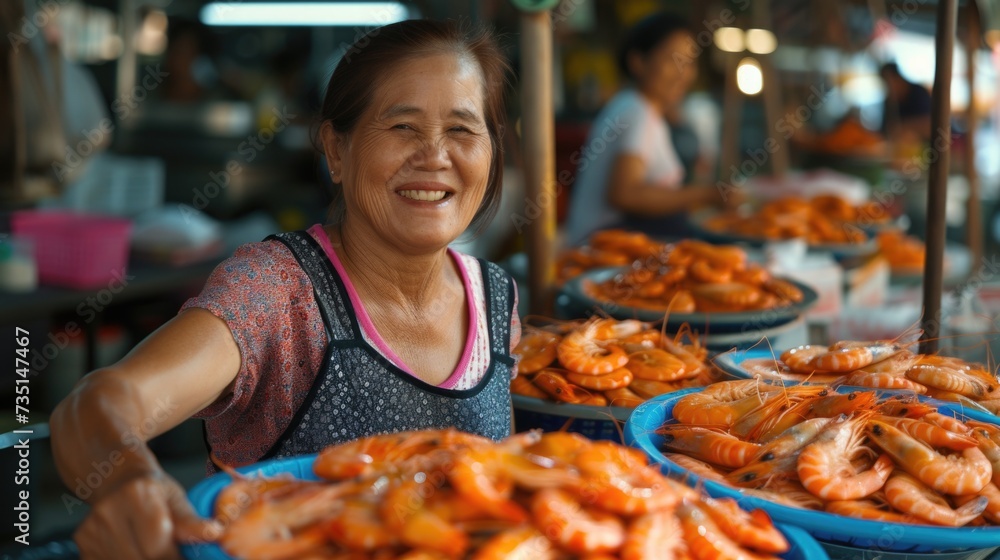 A woman stands behind a table filled with plates of shrimp. This image can be used to showcase a seafood feast or a catering event featuring shrimp