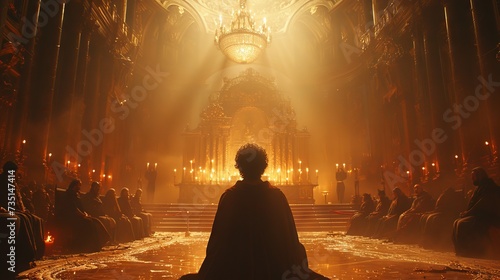 scene of a cloaked figure standing in front of a huge hall lit by many candles creating a warm golden glow Concept: Use as a backdrop for historical, fantasy or dramatic moods in literature photo