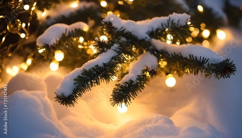 Christmas tree branches in the snow and glowing lights of Golden color garlands at night