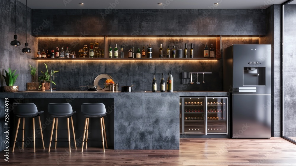 A picture of a kitchen featuring a bar area and a refrigerator. Ideal ...