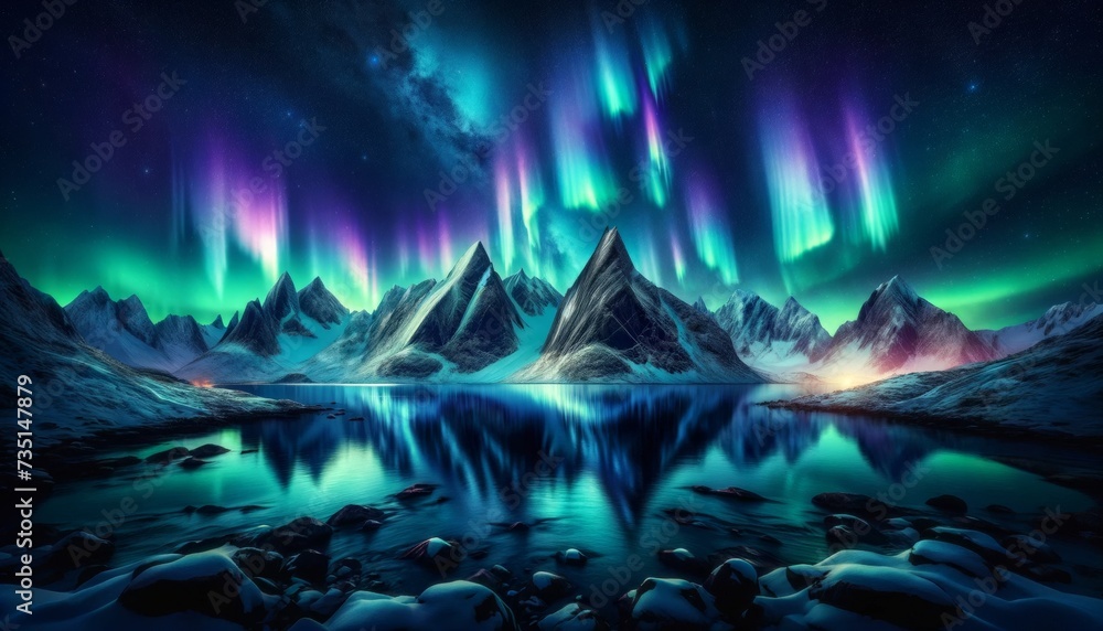 Heavenly Skies- Aurora Borealis Over Mountain Peaks