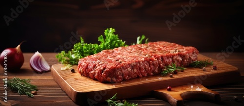Raw cutlet of minced meat on a wooden cutting board. Creative Banner. Copyspace image photo
